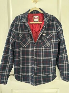 RVCA Navy Plaid Quilted-Lined Shirt Jacket with Red Lining
